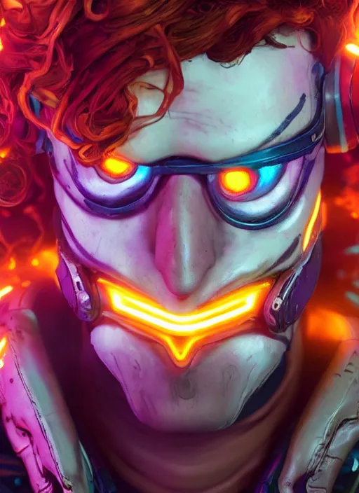 Image similar to glowwave portrait of curly orange hair man from borderlands 3, au naturel, hyper detailed, digital art, trending in artstation, cinematic lighting, studio quality, smooth render, unreal engine 5 rendered, octane rendered, art style by klimt and nixeu and ian sprigger and wlop and krenz cushart.