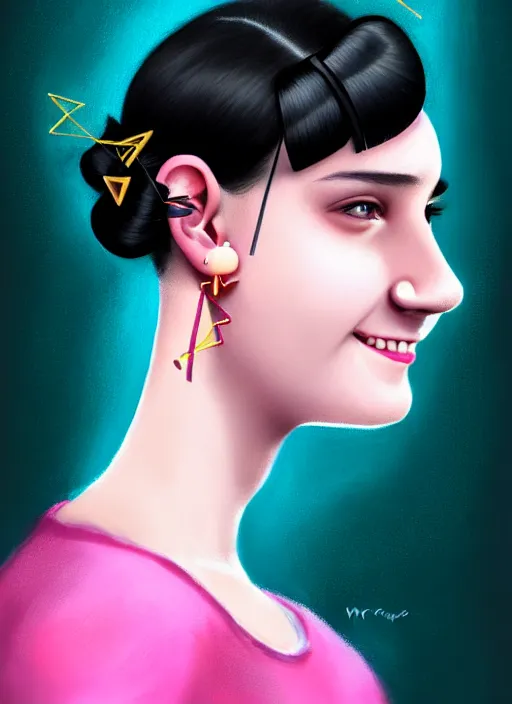 Image similar to portrait of teenage girl, realistic, black hair, bangs, half updo hairstyle, pointy nose, skinny, smile, ugly, defined jawline, big chin, pink hair bow, earrings, intricate, elegant, glowing lights, highly detailed, digital painting, artstation, sharp focus, illustration, art by wlop, mars ravelo and greg rutkowski