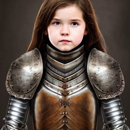 Image similar to young girl in knight armor, brown hair, full body shot, sharp focus, 4k , highly detailed, hyper realism, intricate