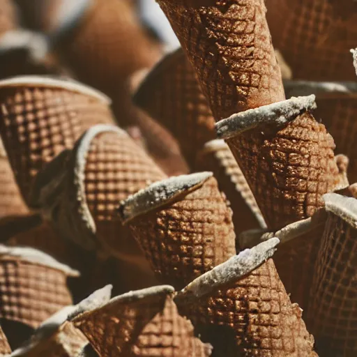 Prompt: a photograph of an infinite field of ice cream cones. shallow depth - of - field. bugs'view.