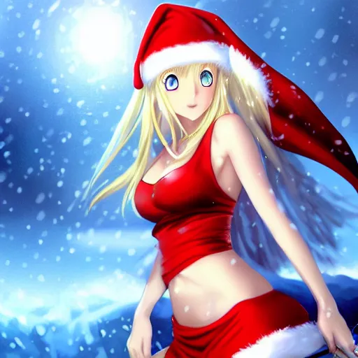 Prompt: full body shot : a very beautiful young blond anime girl on a snowstorm, santa hat, sky blue eyes,, bikini, miniskirt, highly detailed, cinematic wallpaper by stanley artgerm lau