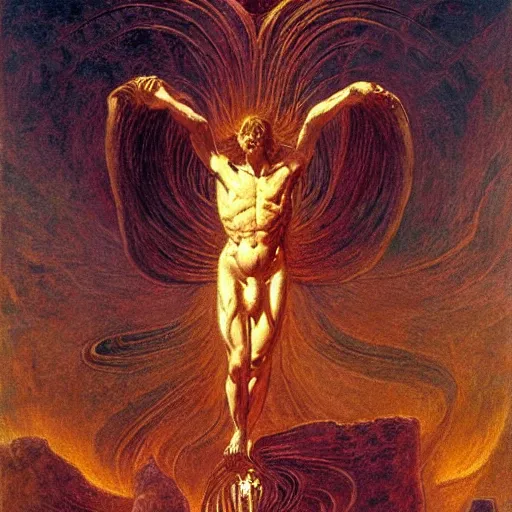 Prompt: Prometheus bringing nuclear power to the earth, in the style of a Jean Delville painting, expressive