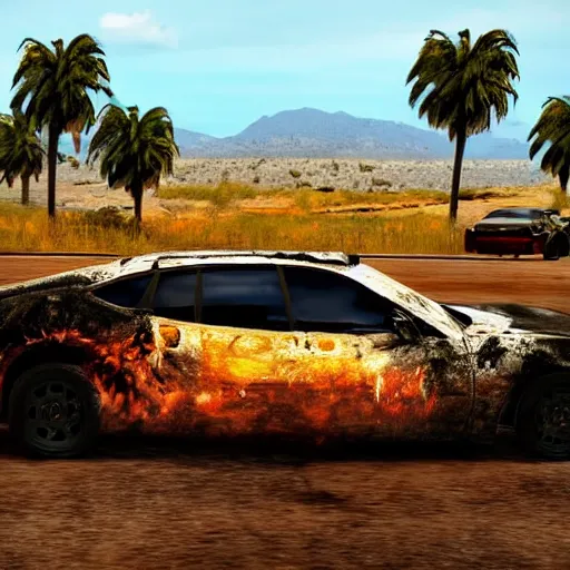 Image similar to far cry car leaking black tar chaotic intensive apocalyptic adrenaline anger oil black tar landscape wasteland miami desert landscape natural disasters sunset palm trees landscape