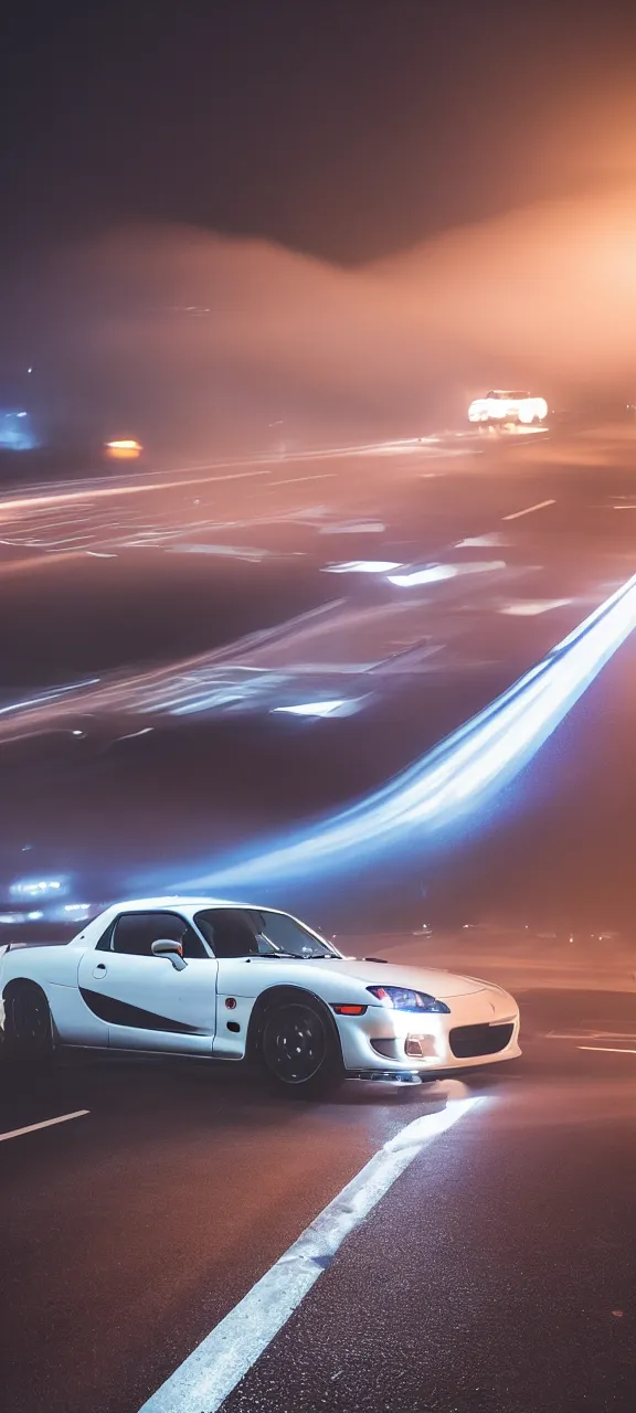 Image similar to a jdm mazda rx - 7 on a highway, cinematic, long exposure, white balance, 8 k, led, lumen global illumination, fog, ray tracing reflections