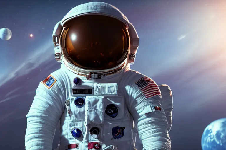 Image similar to astronaut in space wearing a spacesuit floating, mars in background, highly detailed, photorealistic portrait, bright studio setting, studio lighting, crisp quality and light reflections, unreal engine 5 quality render