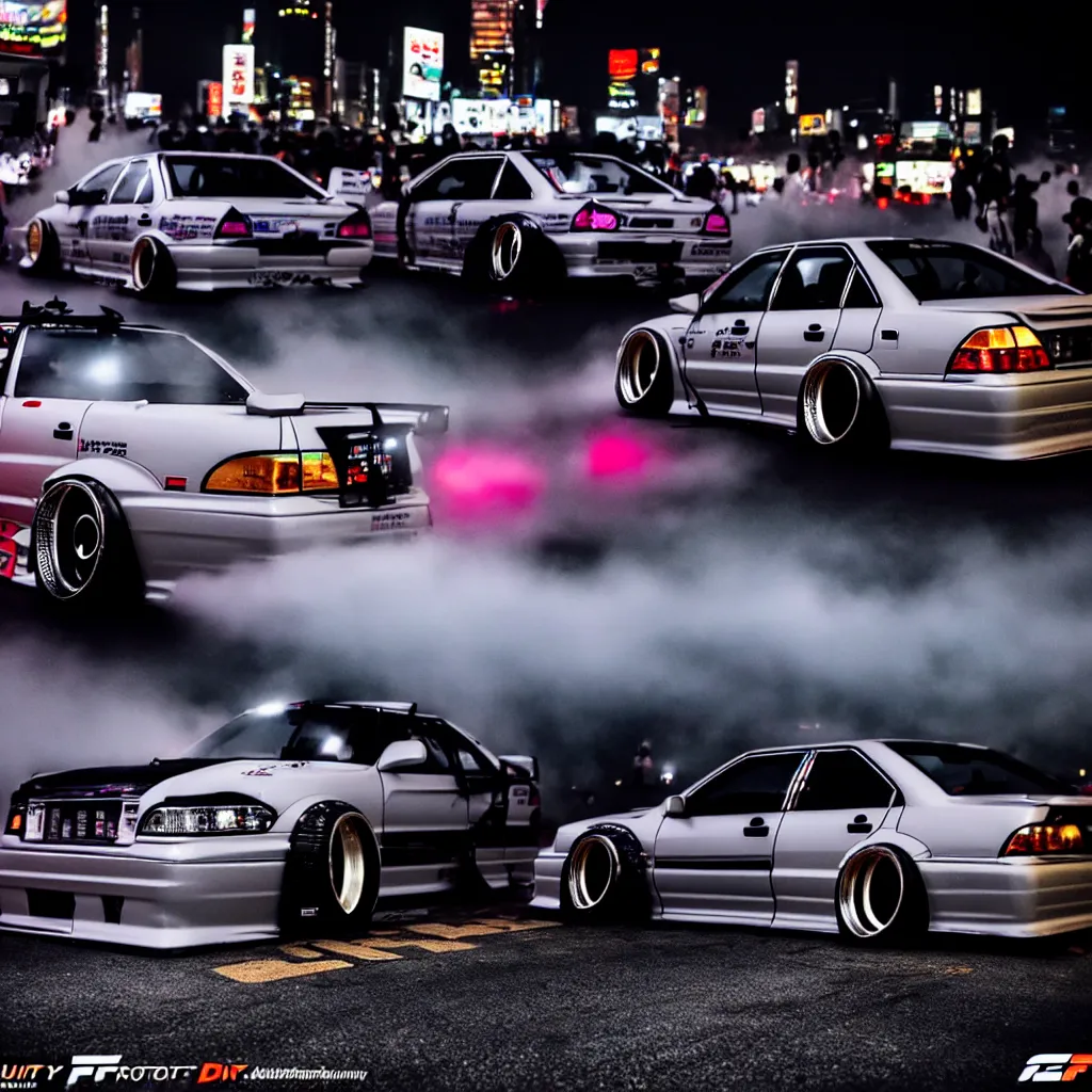 Image similar to a car JZX100 twin turbo drift at illegal car meet, Shibuya prefecture, city midnight mist lights, cinematic lighting, photorealistic, detailed alloy wheels, highly detailed