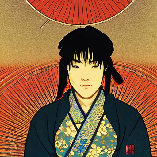 Image similar to portrait of a samurai, red moon on the background, illustration, pop art, thick brush, art by alphonse mucha, makoto shinkai