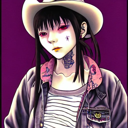 Image similar to full view of girl from serial experiments lain, with tattoos, wearing cowboy hat, style of yoshii chie and hikari shimoda and martine johanna, highly detailed