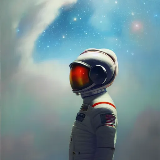 Image similar to cosmic skies in the reflection on an astronaut helmet. Vivid colors, soft lighting, atmospheric, cinematic, moody, in the style of Ilya Kuvshinov and Range Murata, Krenz Cushart, rule of thirds, oil on canvas, 8k.