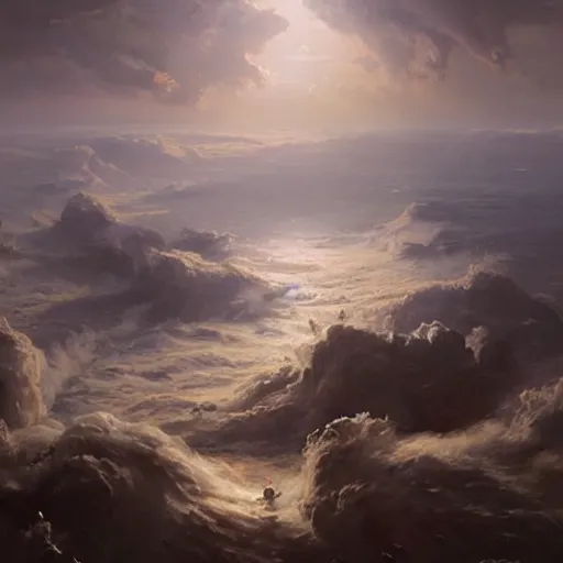 Image similar to continent in an ocean of clouds populated by an ancient civilization, oil painting, by greg rutkowski