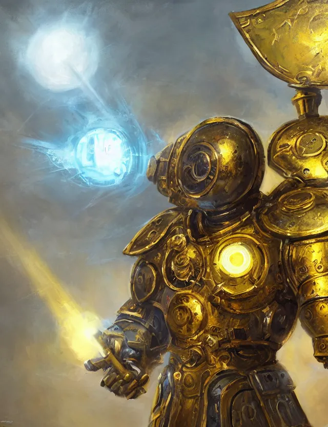 Prompt: full body, attack position Victor Nizovtzev painting in lush fantasy environment of a ornate holy mechanical warforged with circular glowing eye, character in yellow armor holding a legendary paladin engraved holy great longsword and carrying a huge heavy paladin shield, vertically flat head, face in focus, epic , trending on ArtStation, masterpiece, cinematic lighting