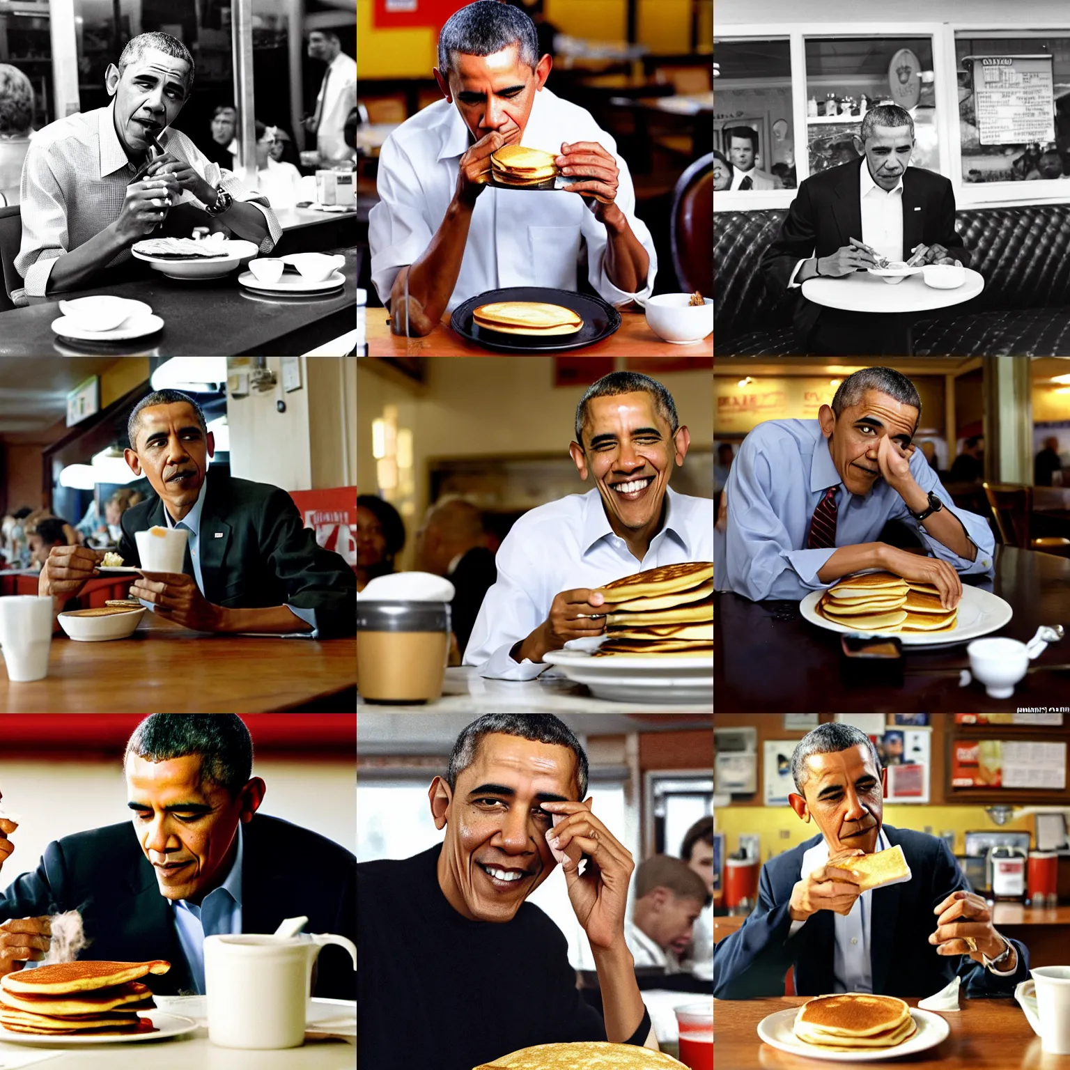 Prompt: barack obama eating a stack of pancakes in a diner with an ashtray full of cigarettes on the table