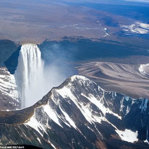 Prompt: very - distant aerial photograph of : a waterfall is falling from the peak of the world's tallest mountain down to a lake surrounded by a city at the base of the mountain. the waterfall is unbelievably tall.