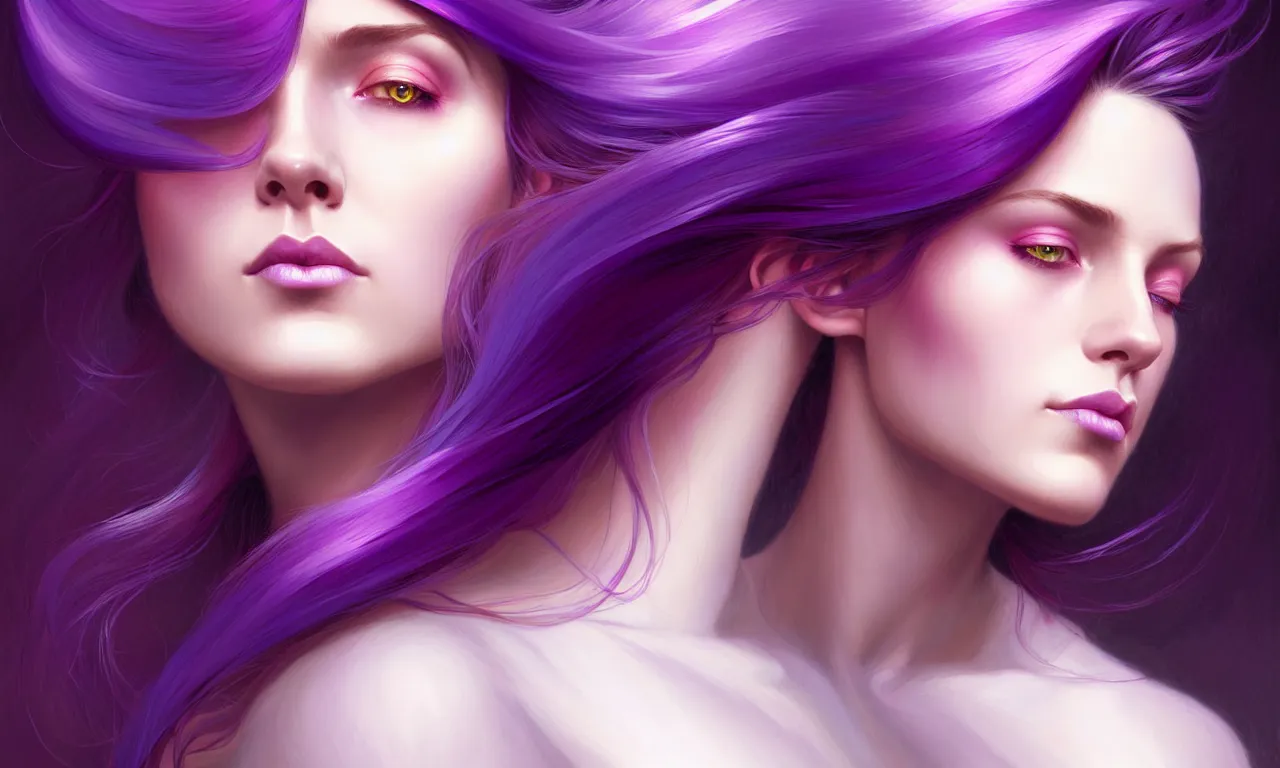 Prompt: Portrait of a woman with bright colored flying hair, all shades of purple. Hair coloring, amber eyes, face, long hair, fantasy, intricate, elegant, highly detailed, digital painting, artstation, concept art, smooth, sharp focus, illustration, art by artgerm and greg rutkowski and alphonse mucha