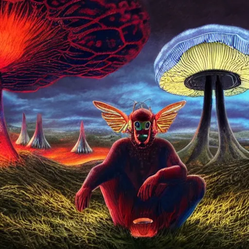 Image similar to A centered chest up portrait of a psychedelic godlike atlas mothman smoking a hand-rolled cigarette smoking heavily , magic mushroom village in background , award winning. superb resolution. in the art style of junji Ito and greg rutkowski . Detailed Mushroom city in background. Hyper realistic anime. Perfect art. Dalle2