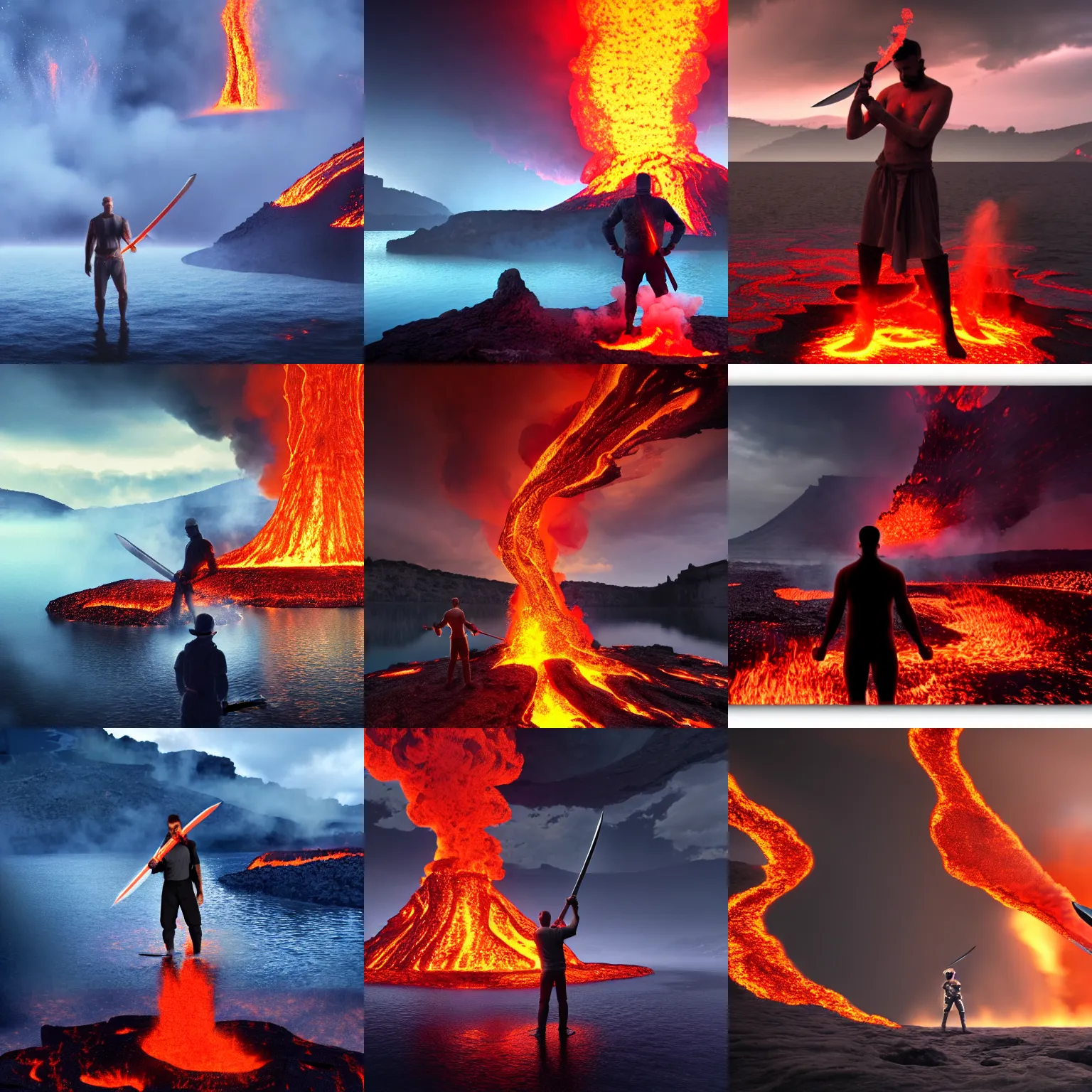 Prompt: Man holding a sword over a lake of lava, surrounded by smoke, 4k, trending on artstation