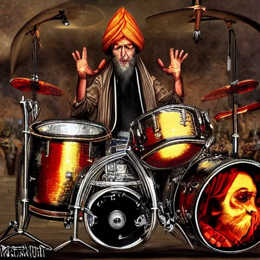 Image similar to khamenei playing drums in heavy metal band in hell, high definition, trending on artstation, unreal engine, photorealistic, high resolution,, trending on deviantart, hdr, hyper detailed, insane details, intricate, elite, ornate, elegant, luxury, dramatic lighting