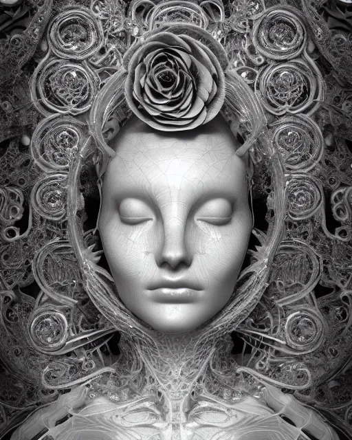 Image similar to mythical dreamy black and white organic bio - mechanical spinal ribbed profile face portrait detail of translucent steampunk beautiful female angelic - human - queen - vegetal - cyborg, highly detailed, intricate crystal ivy jelly ornate, poetic, translucent roses ornate, 3 d render, digital art, octane render, 8 k artistic photography, photo - realistic, by dora maar