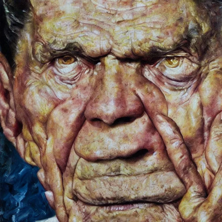 Prompt: close up studio portrait of aging old Ronald Reagan age 115 wrinkled sad, glossy impasto oil painting by Lucian Freud and Tim Hawkinson and Cy Twombly, trending on artstation Studio lighting Expressionism