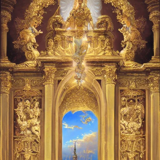 Image similar to angelic purity, heaven gate, baroque, hyper detailed ornament, 8 k, oil painting, holy lights,