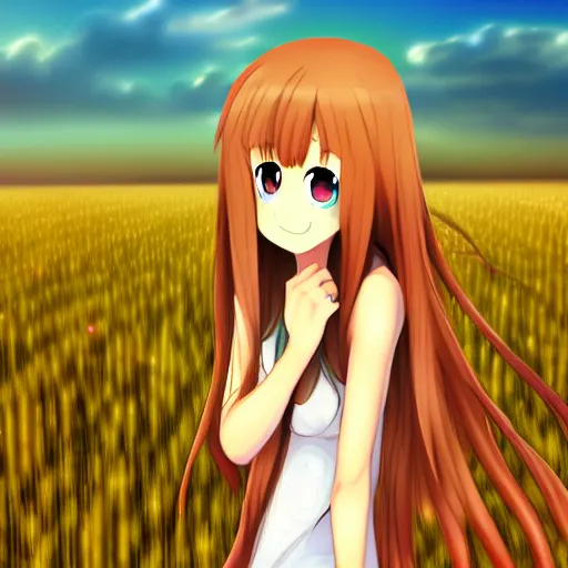 Prompt: Holo from Spice and Wolf standing in a wheat field at sunset, Holo is a wolf girl, high detail, trending on pixiv