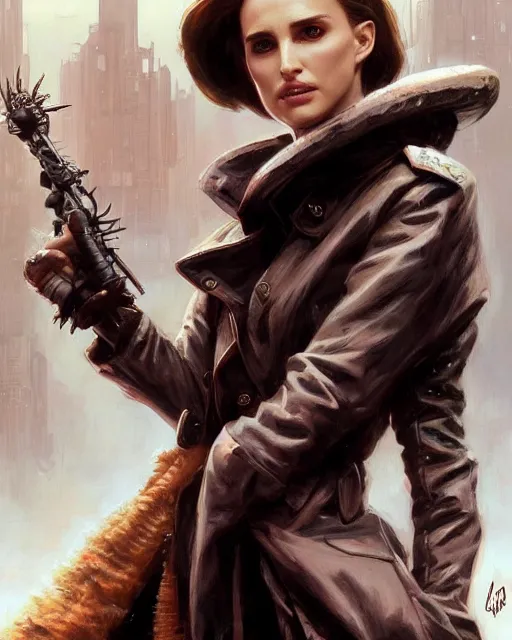 Image similar to beautiful fantasy character portrait, natalie portman, wearing oversized black trench coat, ultra realistic, wide angle, dramatic lighting, vultures, cyberpunk artifacts, highly detailed by peter mohrbacher, hajime sorayama, wayne barlowe, boris vallejo, aaron horkey, gaston bussiere, craig mullins