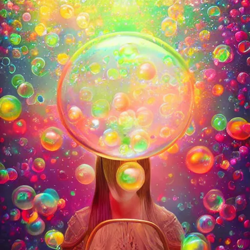 Prompt: portrait of magical mystery tour, dreamy and ethereal, fantasy, intricate, elegant, rainbow bubbles, highly detailed, digital painting, concept art, smooth, sharp focus, illustration