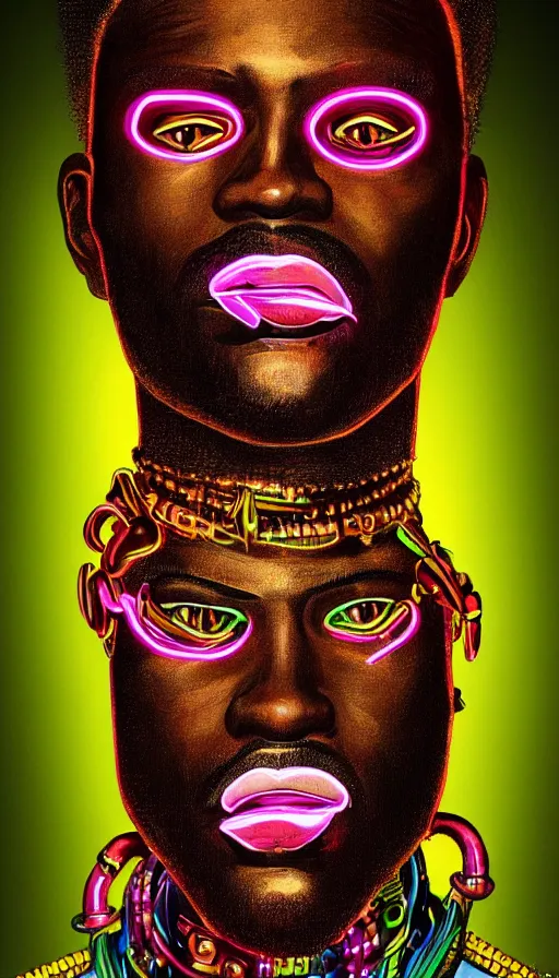 Prompt: detailed full body illustration of an African male with face augmentations, strong neon lighting, Afrofuturism, extravagant feathered collar, by glenn fabry, hyper realistic, HD, oil on canvas