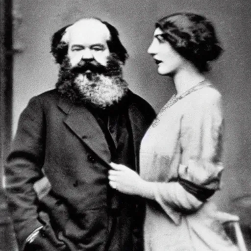 Image similar to Karl Marx and Ayn Rand kissing, portrait, photo, 1920