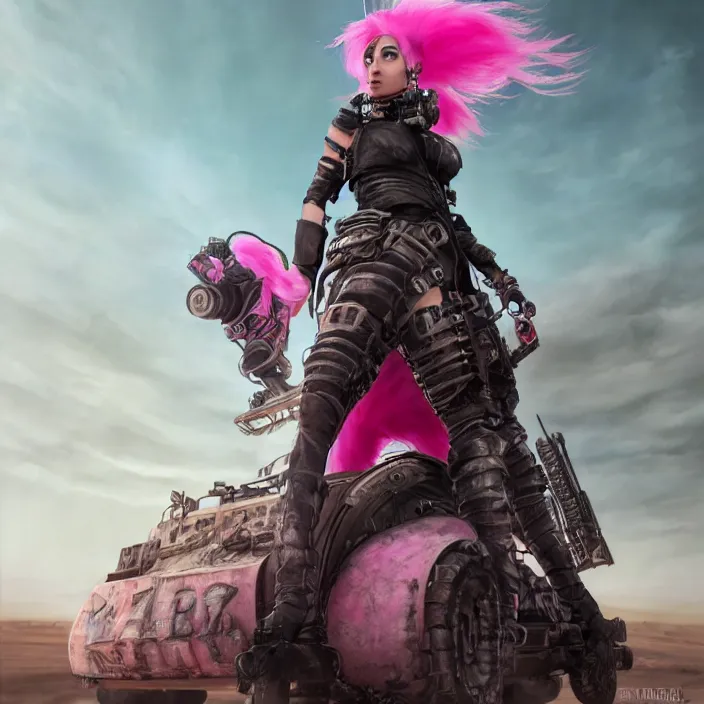 Image similar to beautiful apocalyptic woman with pink Mohawk, standing on mad max panzer tank, 4k ultra hd, fantasy dark art, tank girl, artstation, octane render, elegant, detailed digital painting