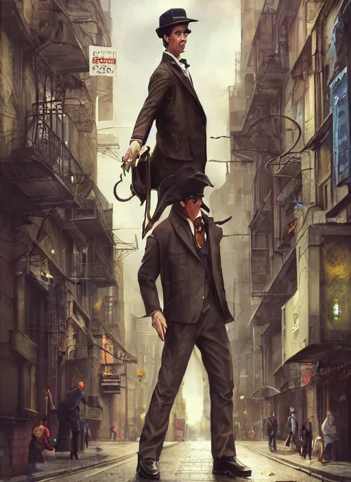 Prompt: sherlock holmes in a futuristic city street, soft colours, detailed, digital art, hd, by tom bagshaw, by fintan magee, by raymond swanland