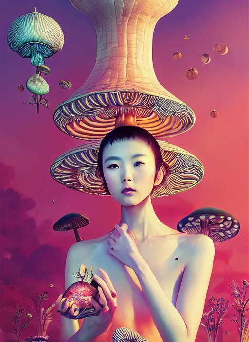 Image similar to pretty chinese model with futuristic mushroom : : by martine johanna and simon stalenhag and chie yoshii and casey weldon and wlop : : ornate, dynamic, particulate, rich colors, intricate, elegant, highly detailed, vogue, harper's bazaar art, fashion magazine, smooth, sharp focus, 8 k, octane render,