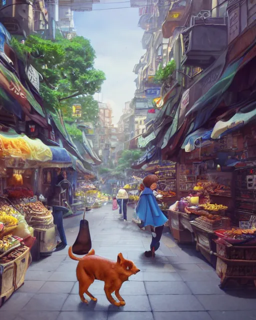 Image similar to a tiny dog walking through a crowded street filled with bodegas and food vendors, blue fur, a man is juggling avocados, Anime. Soft lighting, 8K, octane render. By Makoto Shinkai, Stanley Artgerm Lau, WLOP, Rossdraws, James Jean, Andrei Riabovitchev, Marc Simonetti, krenz cushart, Sakimichan, D&D trending on ArtStation, digital art.