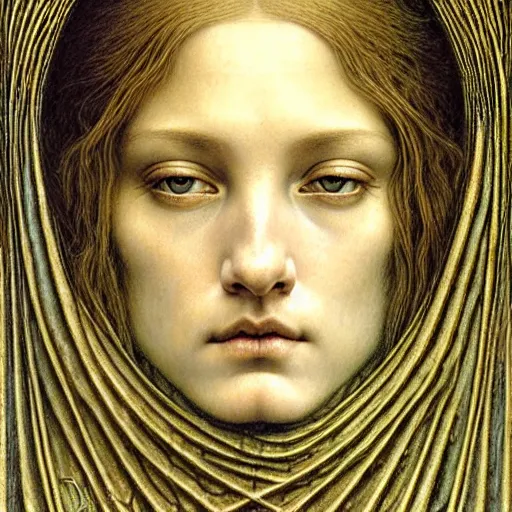 Image similar to detailed realistic beautiful young medieval queen face portrait by jean delville, gustave dore, zdzisław beksinski and marco mazzoni, art nouveau, symbolist, visionary, gothic, pre - raphaelite, horizontal symmetry