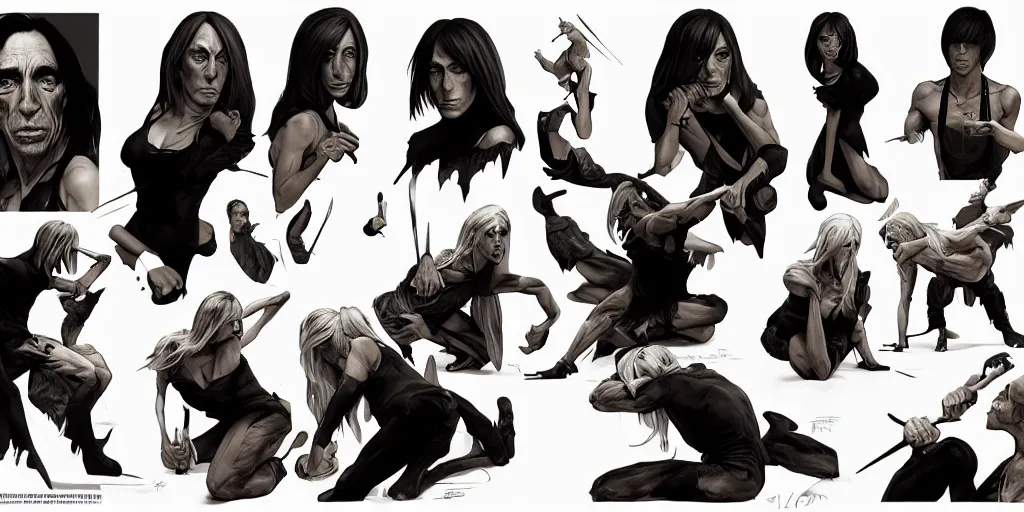 Image similar to iggy pop eating dinner, character sheet, character design, contrast, deep focus, turnaround, highly detailed, dramatic lighting, digital painting, artstation, concept art, matte, sharp focus, illustration, elegant, art by artgerm and greg f and alphonse mucha.