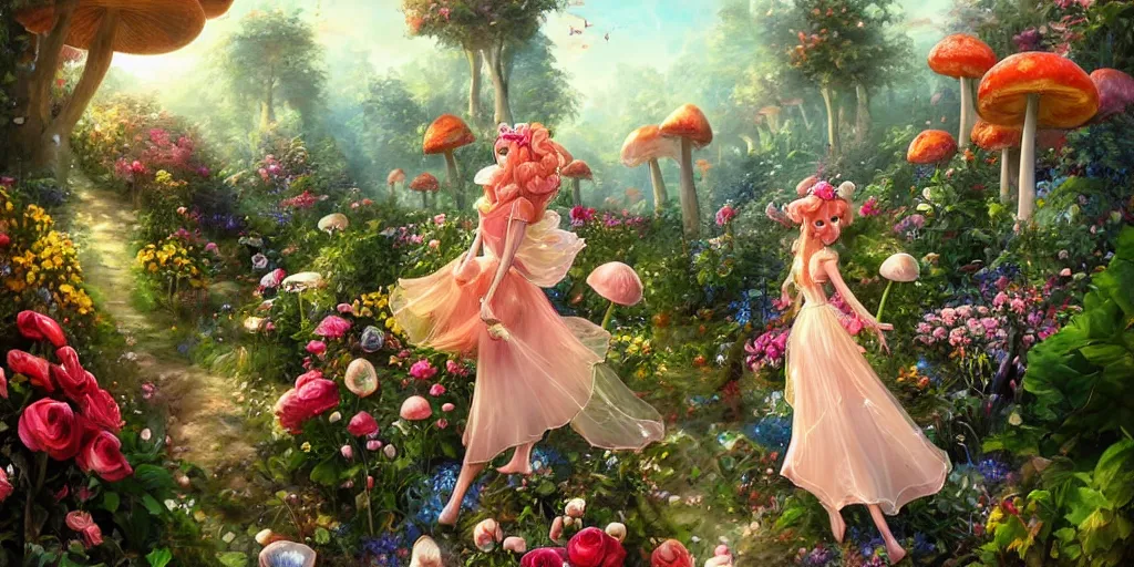 Image similar to Princess peach wandering through her hedge hedge garden of exotic flowers in the Mushroom Kingdom, giant mushrooms, and roses, from behind, streets, birds in the sky, sunlight and rays of light shining through trees, beautiful, solarpunk!!!, highly detailed, digital painting by Michael Garmash and Peter Mohrbacher