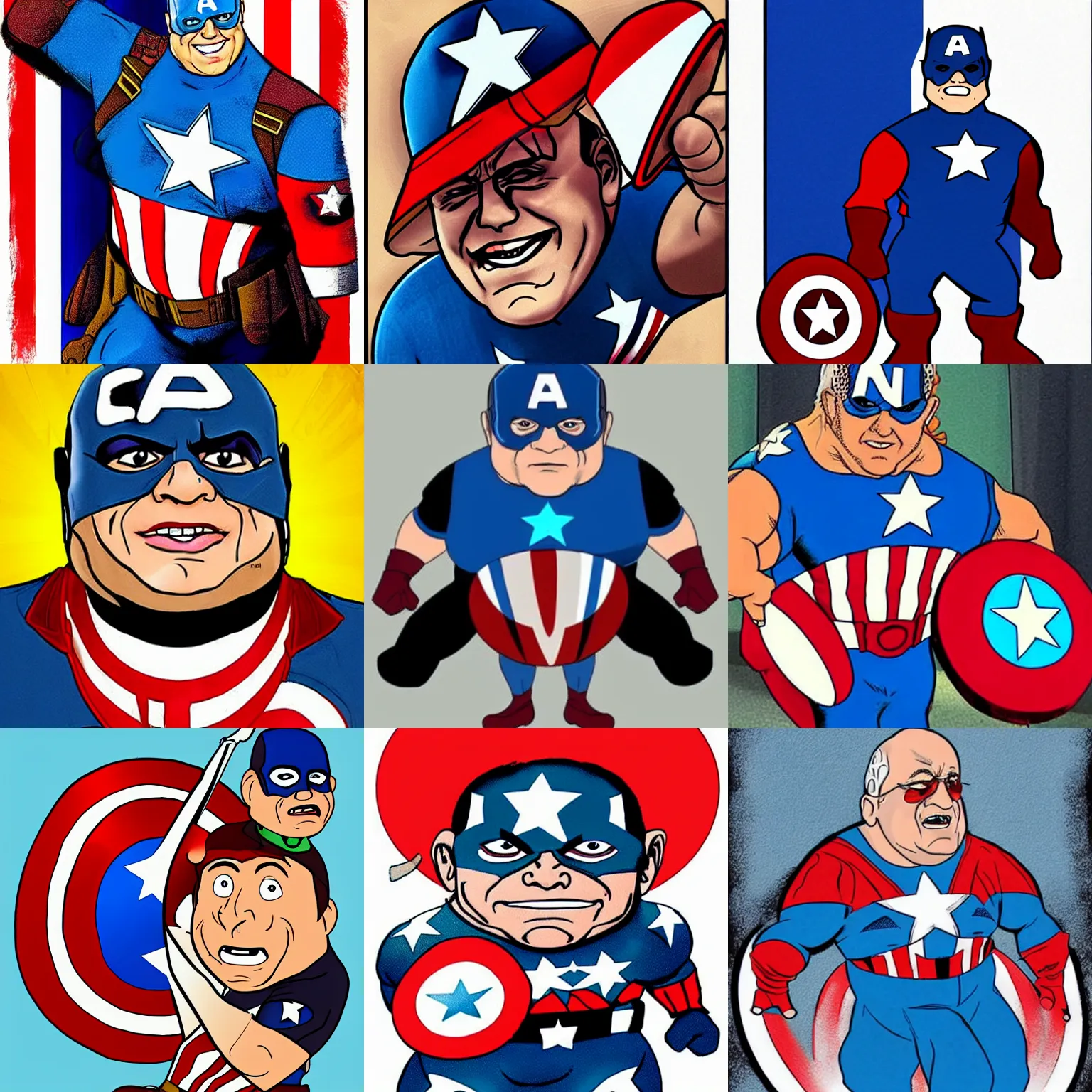 Prompt: danny devito as captain america, cartoon