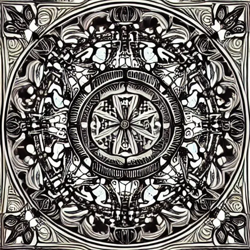 Prompt: beautiful symmetrical decorative ornament with classical floral elements emanating from center of design, woodcutting template, decorative design, classical ornament, motif, mandala, highly detailed etching