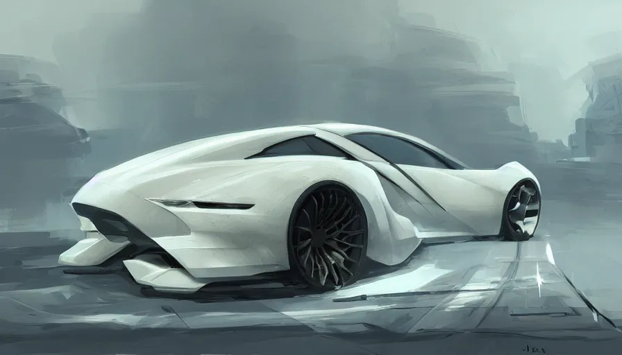 Image similar to concept art of car designed by jony ive, jama jurabaev, science fiction, brush hard, artstation, cgsociety, high quality, brush stroke