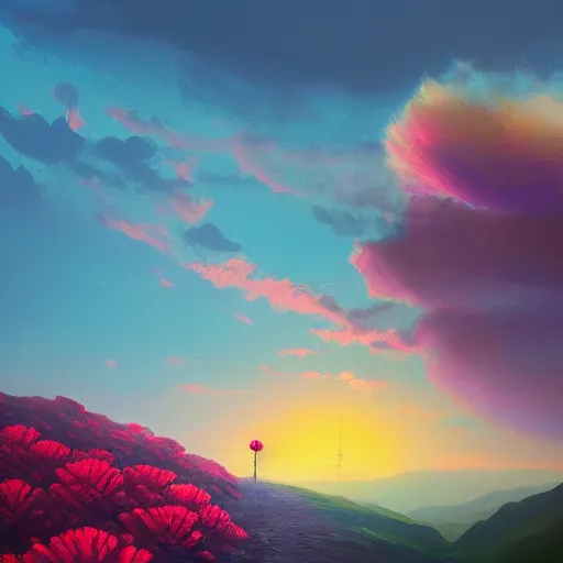 Image similar to giant carnation flower as a head, girl hiking in the mountains, surreal photography, sunrise, dramatic light, impressionist painting, colorful clouds, digital painting, artstation, simon stalenhag