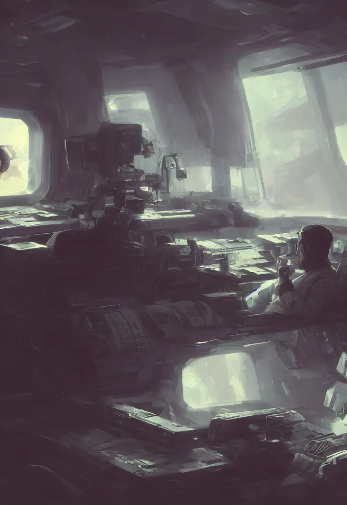 Image similar to a spaceship pilot with black beard working on a computer, painting by Craig Mullins, octane rendering, soft morning lighting, wide angle lens, in the style of Hayao Miyazaki, trending on artstation,