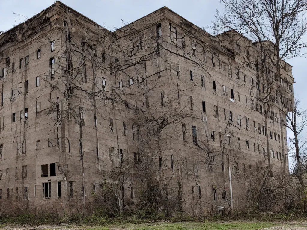 Prompt: exterior of abandoned hospital