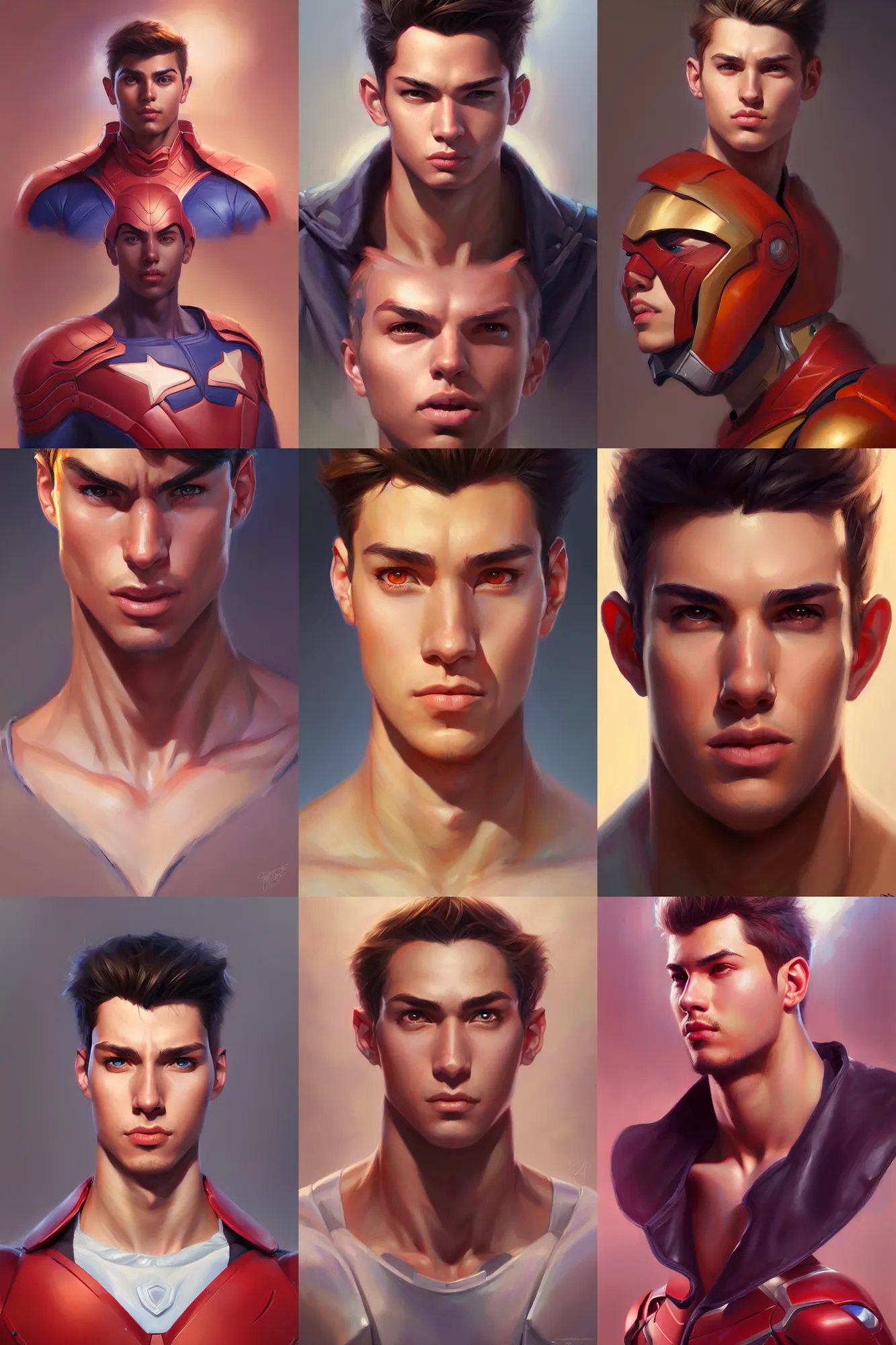 Prompt: a portrait of a new young male hero by artgerm and adi granov, mandy jurgens, oil on canvas, masterpiece, marvel, trending on artstation, highly detailed face, clear eyes