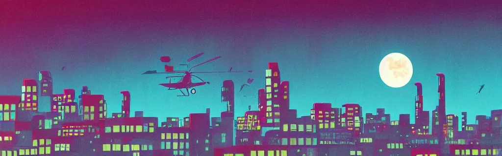 Image similar to sci - fi city night scene with moon and helicopter in the sky, red and purple tone, modernism, gouache, trees, animated film, stylised, illustration, by eyvind earle, scott wills, genndy tartakovski