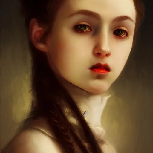 Image similar to portrait of young vampire princess, realistic eyes, headshot, pale skin, 4k, rule of thirds, extreme detail, detailed illustration, trending artstation, hd, fantasy, realistic lighting, by Albert Bierstadt, Frederic Edwin Church.