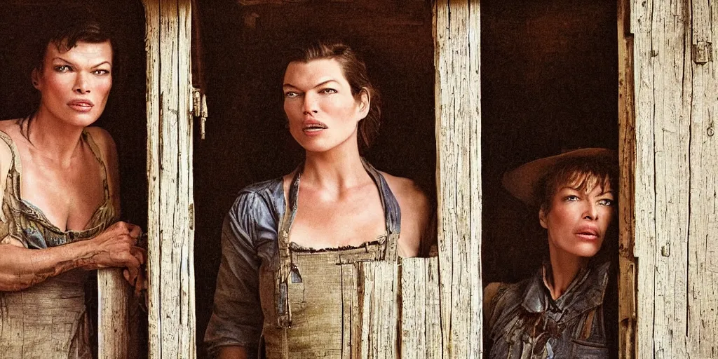 Image similar to in an old west cabin, close up portrait of beautiful Mila Jovovich face ((alone)) in the doorway and Dave Bautista cowboy standing opposite ((alone)) at the window, arguing, symmetrical, in the style of Fredrick Remington, oil painting