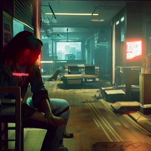 Image similar to ripper doc surgery tragedy. low light. diffuse ambience. Cyberpunk 2077. CP2077. 3840 x 2160