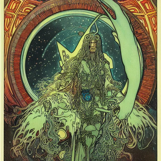 Prompt: polaroid of a vintage record cover by Franklin Booth showing a portrait of Thor as a futuristic space shaman, Alphonse Mucha background, psychedelic art, star map, smoke, sciFi