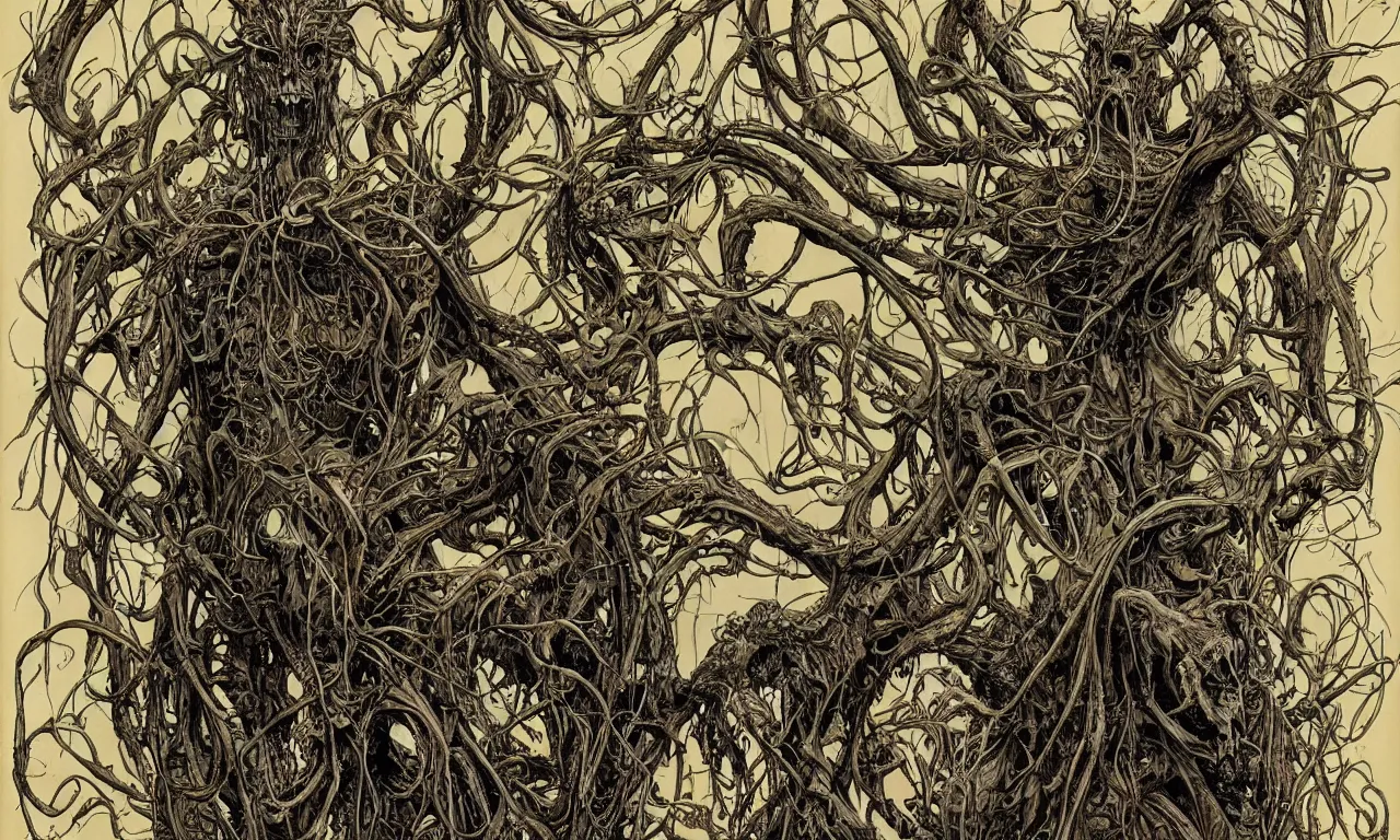 Image similar to hyperdetailed art nouveau portrait of treebeard as a cthulhu eyeball skull wendigo cryptid monster, by geof darrow, simon bisley and bill sienkiewicz, grim yet sparkling atmosphere, photorealism, claws, skeleton, antlers, fangs, forest, wild, crazy, horror, lynn varley, lovern kindzierski, steve oliff