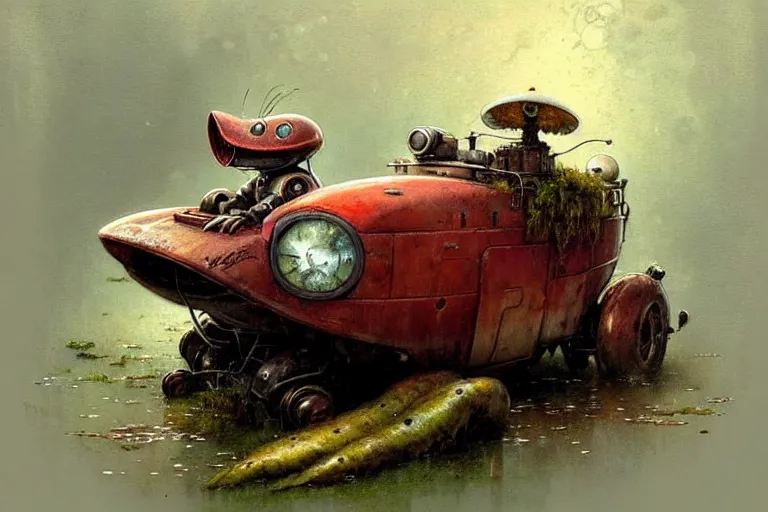 Image similar to adventurer ( ( ( ( ( 1 9 5 0 s retro future robot mouse amphibious vehical home. muted colors. swamp mushrooms ) ) ) ) ) by jean baptiste monge!!!!!!!!!!!!!!!!!!!!!!!!! chrome red